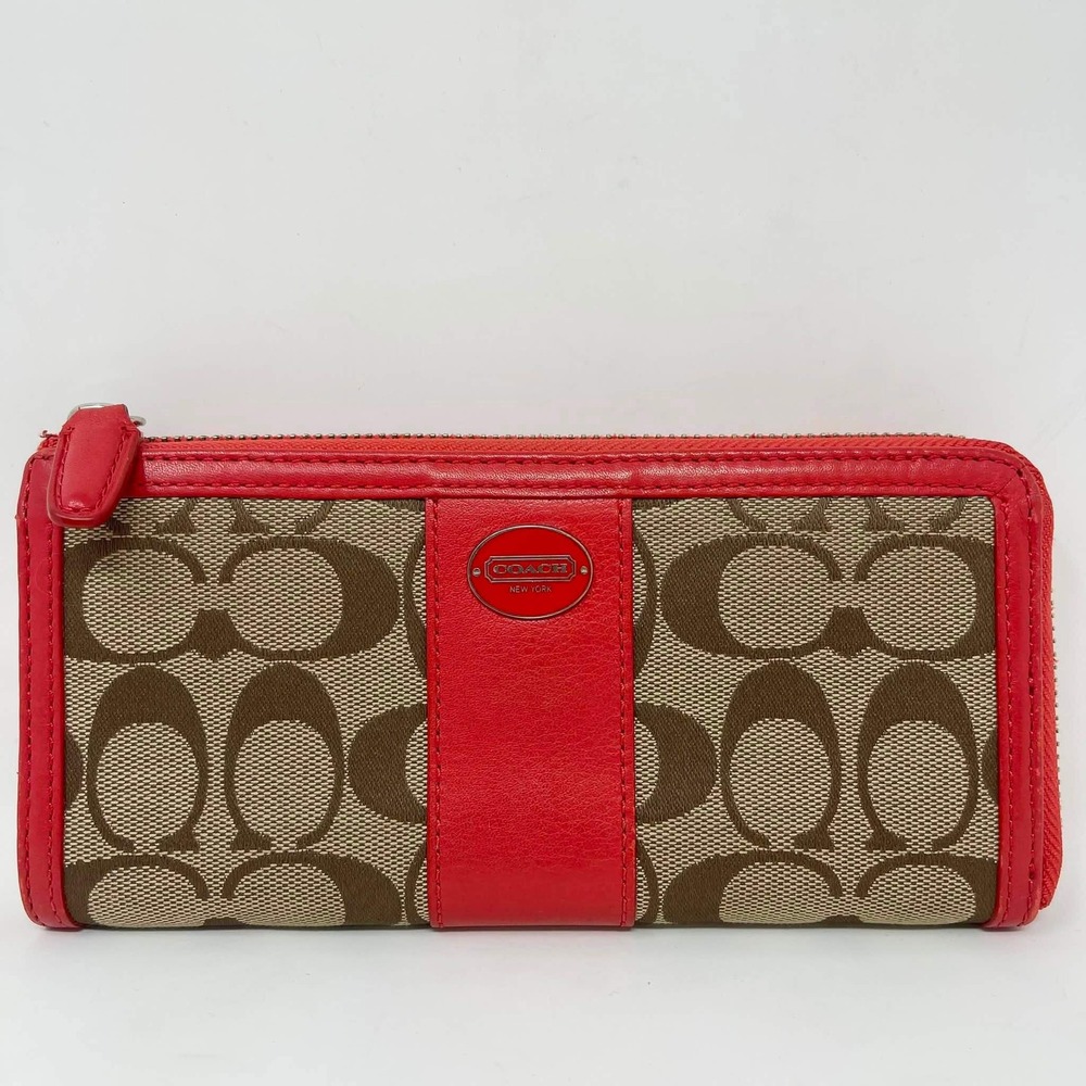 Coach Legacy Signature Slim Zip Around Wallet Khaki Canvas Red Leather Trim